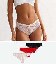 New Look 3 Pack Red Pink and Black Lace Satin Band Thongs